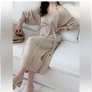 Knitted Tie Belted Gold button collar sweater dress